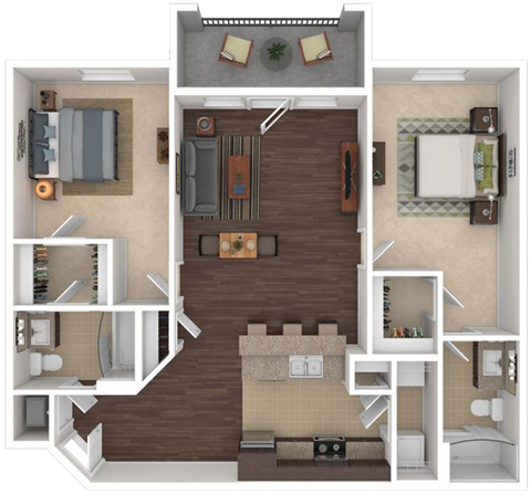 Floor plan for 2 beds, 2 baths, 1037 sqft